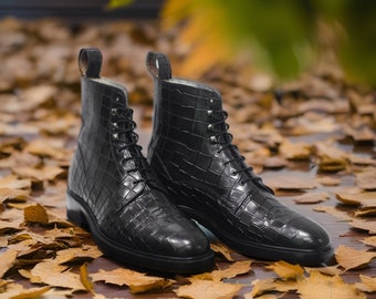 Men's Handmade Cowhide Leather Shoes Black Crocodile Textured Leather Ankle High Lace Up Stylish Dress/Formal Wear Boots