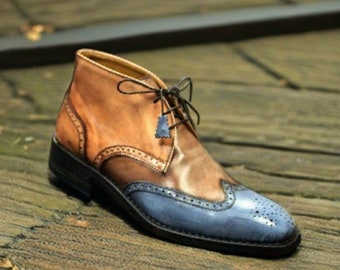 Handmade Men's Tan Blue Leather chukka boot, Men's lace up Ankle High boot Men Style