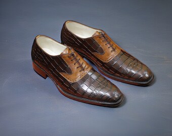 Men's Handmade Brown Crocodile Textured Leather Lace up Shoes Formal Wear Shoes