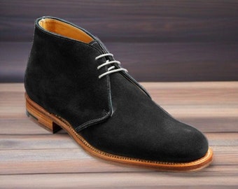 Men's Handmade Black Half Ankle High Suede Chukka Lace Up Stylish Boots