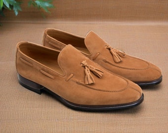 Men’s Handmade Brown Calf-skin Suede Tassel Loafers Moccasin Shoes Men Style