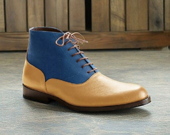 Handmade Men Tan Blue Tan Leather Suede Chukka Casual Lace Up Boot Men Style