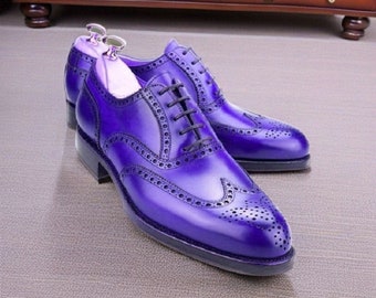 Handmade Men Blue Oxford Lace up Brogue Wingtip Real Leather Luxury Party Wear Dress Shoes Men Style Shoes