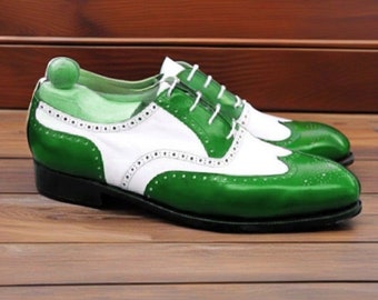 Handmade Men Two Tone White Green Wing Tip Brogue Toe Vintage Leather Shoes Men Style Shoes