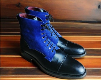 Handmade Men Leather Black Blue Rounded Cap Toe High Ankle Vintage Men Boots Ankle High Lace Up Stylish Dress/Formal Wear Boots