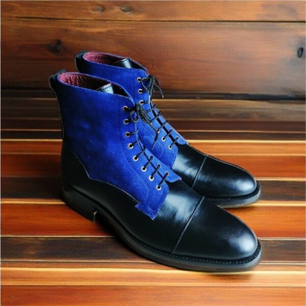 Handmade Men Leather Black Blue Rounded Cap Toe High Ankle Vintage Men Boots Ankle High Lace Up Stylish Dress/Formal Wear Boots