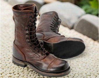 Commando's Distressed Brown Lace Up Combat Long High Leather Ankle Boots For Men