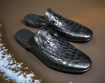 Handmade Black Crocodile Texture Leather Stylish Mules Shoes For Men's