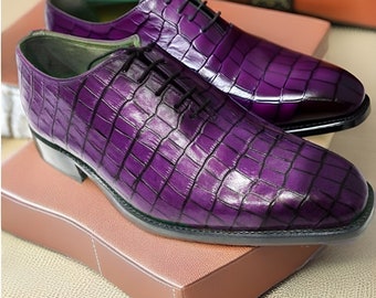 Handmade Purple Crocodile Texture Leather Black Shaded Men's Dress and Formal Shoes Gift