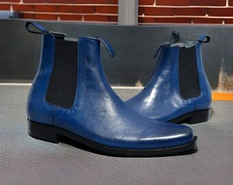 Handmade Blue Chelsea Ankle High Boot For Men's Leather Boots Ankle Boot