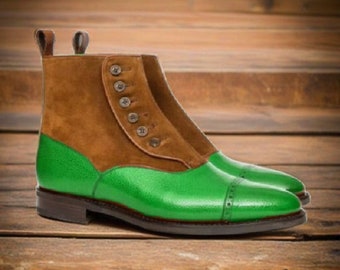 Handmade New Men Green Suede Brown Leather Oxford Cap Toe Button Ankle Boot