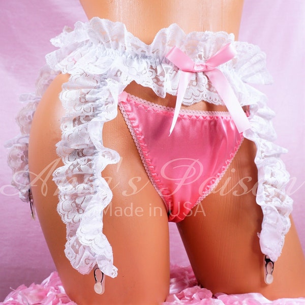 Lacy pretty sissy french Maid White bridal Ladies Mens Metal CLIP 4 strap Garter Belt OS