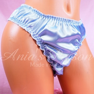 Soft satin baby Blue so soft ruffled extra frilly sissy thong panties 28-42&quot;