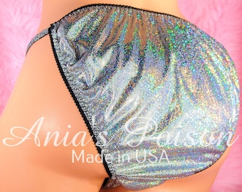 Ania's Poison Foil Hologram metallic foil slick Silver Shiny nylon soft string bikini sissy MAID mens high gloss panties sizes