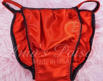 Last Call!! Red Satin Black Picot trim MENS PANTIES string bikini sissy maid underwear sizes XXL