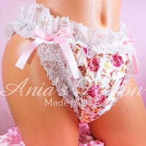 Gorgeous Floral padded shiny Lacy Baby stuffed string bikini sissy MAID mens high gloss panties sizes S-XXL