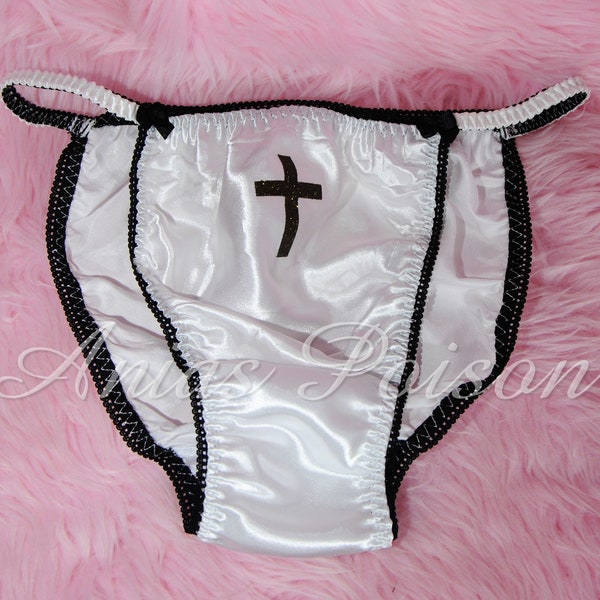 Sissy panties Naughty Nun SINNER Shiny wetlook string bikini Sissy Bias Cut Satin panties for Men knickers like a Second Skin