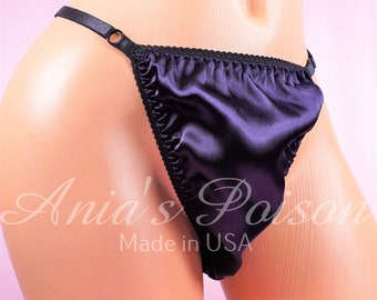 sissy thong midnight Purple SATIN sissy men's silky soft shiny Triangle T thong panties ADJUSTABLE sides