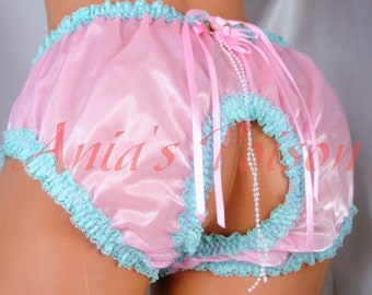 Pink Crystal satin VTG style sissy crotchless butterfly Frilly lacy High Cut panties OS