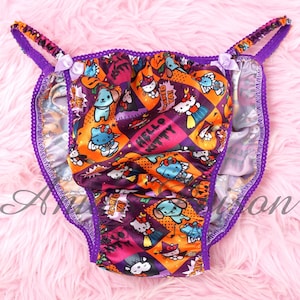 HALLOWEEN Kitty Cat Sissy Satin Panties Purple novelty print String Bikini Shiny Men&#39;s Underwear  S- XL