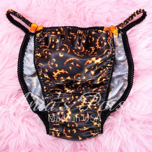 HALLOWEEN Sissy Satin Panties Pumpkin Smiles Black Orange String Bikini Jack-o-lantern Shiny Men&#39;s Underwear or Bra or Skirt S-XL
