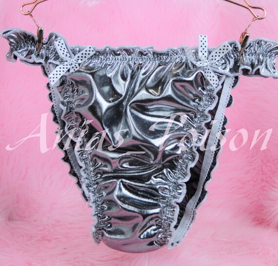 Metallic Satin String bikini panties Foil black pewter ladies sissy wetlook undy