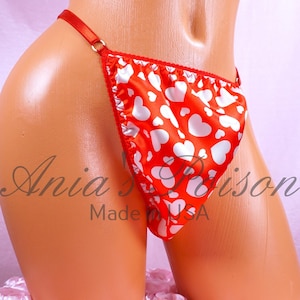 Ania&#39;s Poison Valentines Day Thong Red Hearts SATIN sissy men&#39;s soft shiny Triangle T thong panties ADJUSTABLE sides