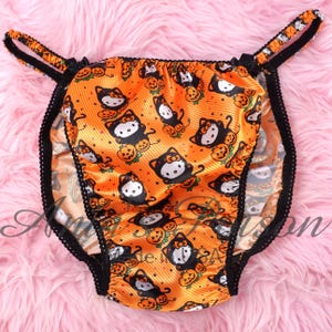 HALLOWEEN Kitty Cat Sissy Satin Panties Orange novelty print String Bikini Shiny Men&#39;s Underwear  S- XL