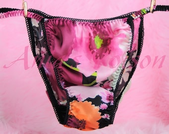 Spring Collection Floral satin chiffon Shiny wetlook string bikini Sissy Bias Cut panties for Men knickers like a Second Skin