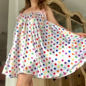 Rainbow Polka Dot SATIN Silky Smooth extra shine polyester wetlook Sissy mini Nightie Night Gown Baby Doll Dress 120&quot; Sweep! OS