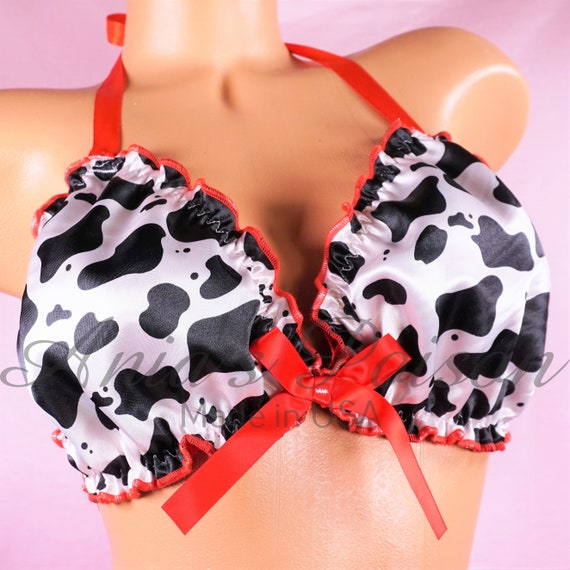 Cow Print Ruffled Super Shiny Lined Satin Sissy Matching Tie up Halter  Triangle Mens OS Bra -  Australia