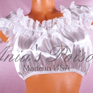 VALENTINES DAY Sissy White Satin shiny lacy Ruffled super pull over crop top Bra sleep top shirt