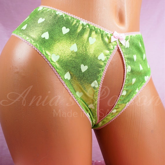 Buy Valentine's Stretch Spandex Unisex Sissy Fetish Green Sparkle Heart  Print Fully Open Crotchless Butterfly Shiny Panties Gift Online in India 