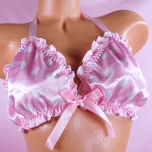 Pink Polka-Dot Rüschen super glänzend gefüttert Satin Sissy binden Neckholder Dreieck Herren OS BH