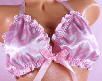 Pink Polka Dot  Ruffled super shiny lined Satin Sissy tie up halter triangle men&#39;s OS bra
