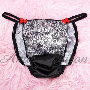 HALLOWEEN Sissy Satin Panties Black Spider Web print String Bikini Shiny Men&#39;s Underwear or Bra or Skirt