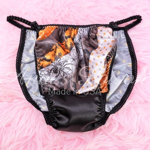 HALLOWEEN Sissy Satin Panties Spooky Spiders Skulls Polka Dot Cats Combo Print String Bikini Prints Mens Underwear