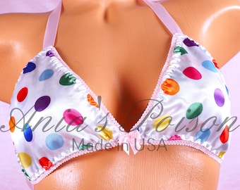 Sissy Satin Triangle Bra Rainbow Polka Dot shiny wetlook tie up halter OS bra
