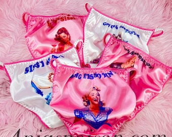 Sissy SATIN Humiliation Pin-ups Valentine&#39;s Panties shiny wetlook naughty White MEN&#39;S panties - 2 Cuts