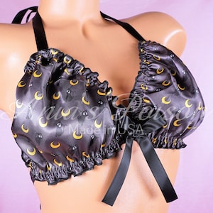 HALLOWEEN Ruffled super shiny lined Satin Sissy Black Cats & Moons tie up halter triangle mens OS bra