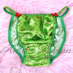 Calcinha de cetim Sissy de Natal, verde Grouch, RARO poliéster, cetim brilhante, aparência molhada, corte enviesado para homens, calcinhas como uma segunda pele