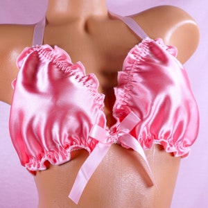 Ruffled super shiny pink Satin Sissy tie up halter triangle men's unisex OS bra