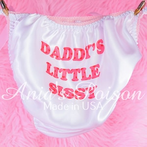 Sissy Satin  Daddy&#39;s LIttle Sissy Heart Print Text Panties white Rare polyester Shiny String bikini underwear