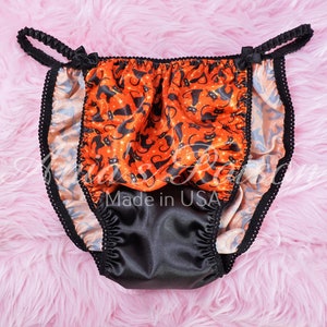 HALLOWEEN panties Sissy Satin underwear Spooky Orange Scaredy Cat String Bikini Shiny Mens Underwear