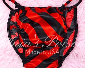 Sissy Satin Mens Panties Red and Black Striped Silky soft Shiny string bikini knickers  S - 2XL