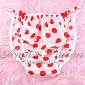 Satin Polka Dot Red Retro print Shiny wetlook string bikini Sissy White Men&#39;s panties knickers