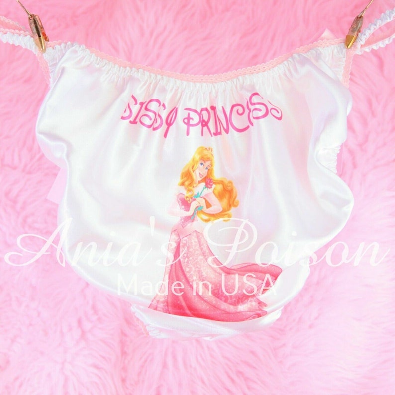Sissy Satin Pink Sleeping  Sleepy Princess Panties white polyeser Shiny String bikini underwear 
