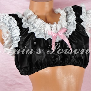 Sissy Black taffeta little Maid Cosplay shiny lacy Ruffled super pull over crop top Bra sleep top shirt