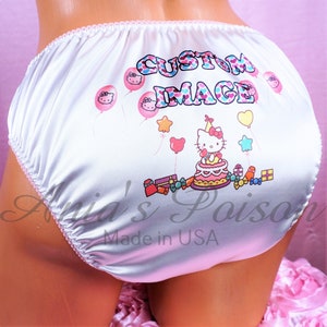 Sissy Satin Custom Printed ANY IMAGE FULL Bikini Panties Front or back white Rare polyester Shiny underwear - Please Read Listing