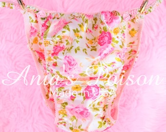 Sissy Floral Satin Panties polyester Shiny wetlook string bikini Sissy Bias Cut Satin panties for Men knickers like a Second Skin